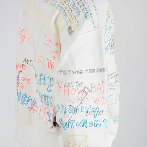 Yeezy White Crewneck Sweater with Multicolor Graphics